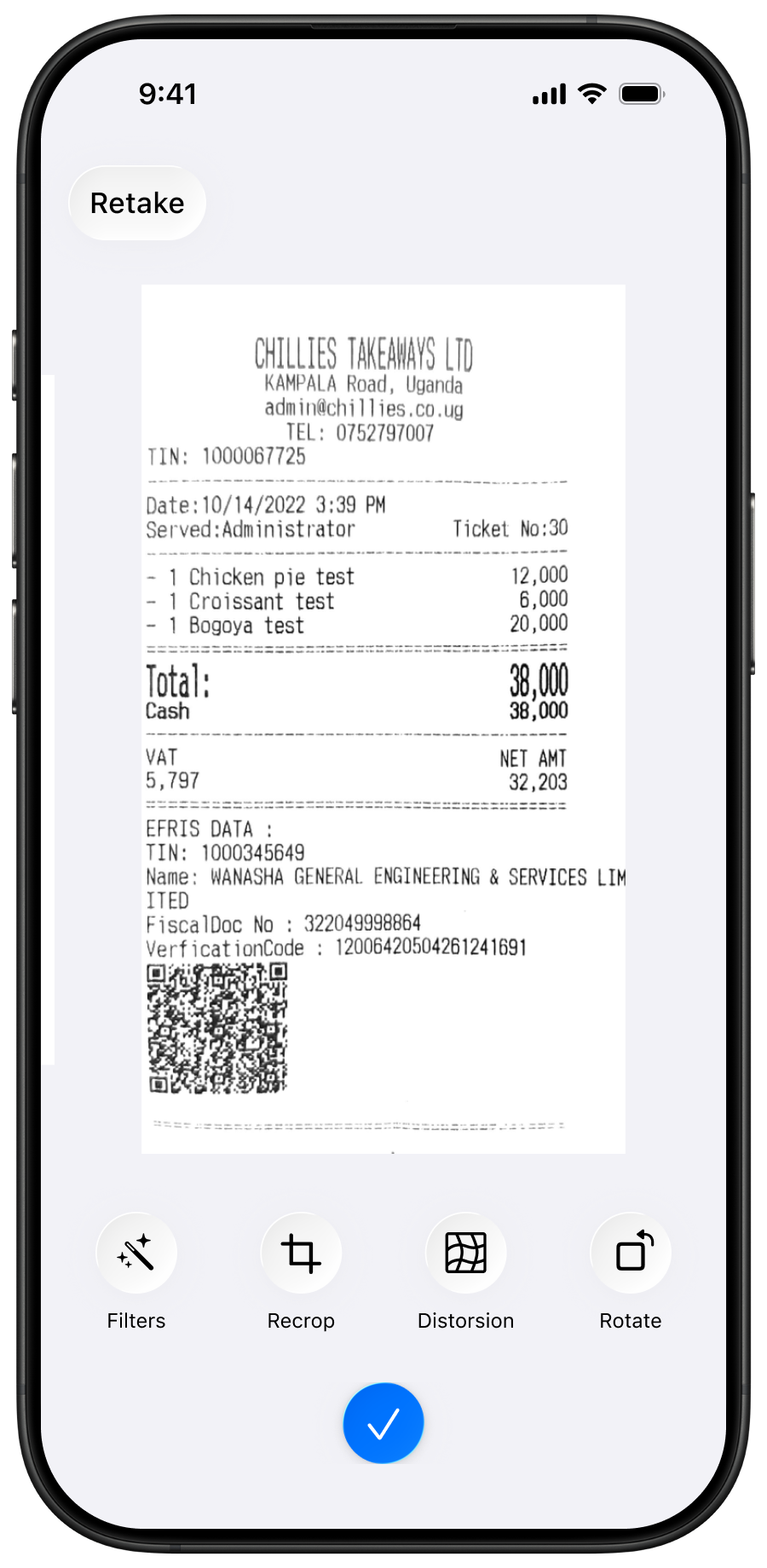 Receipt scan review screen
